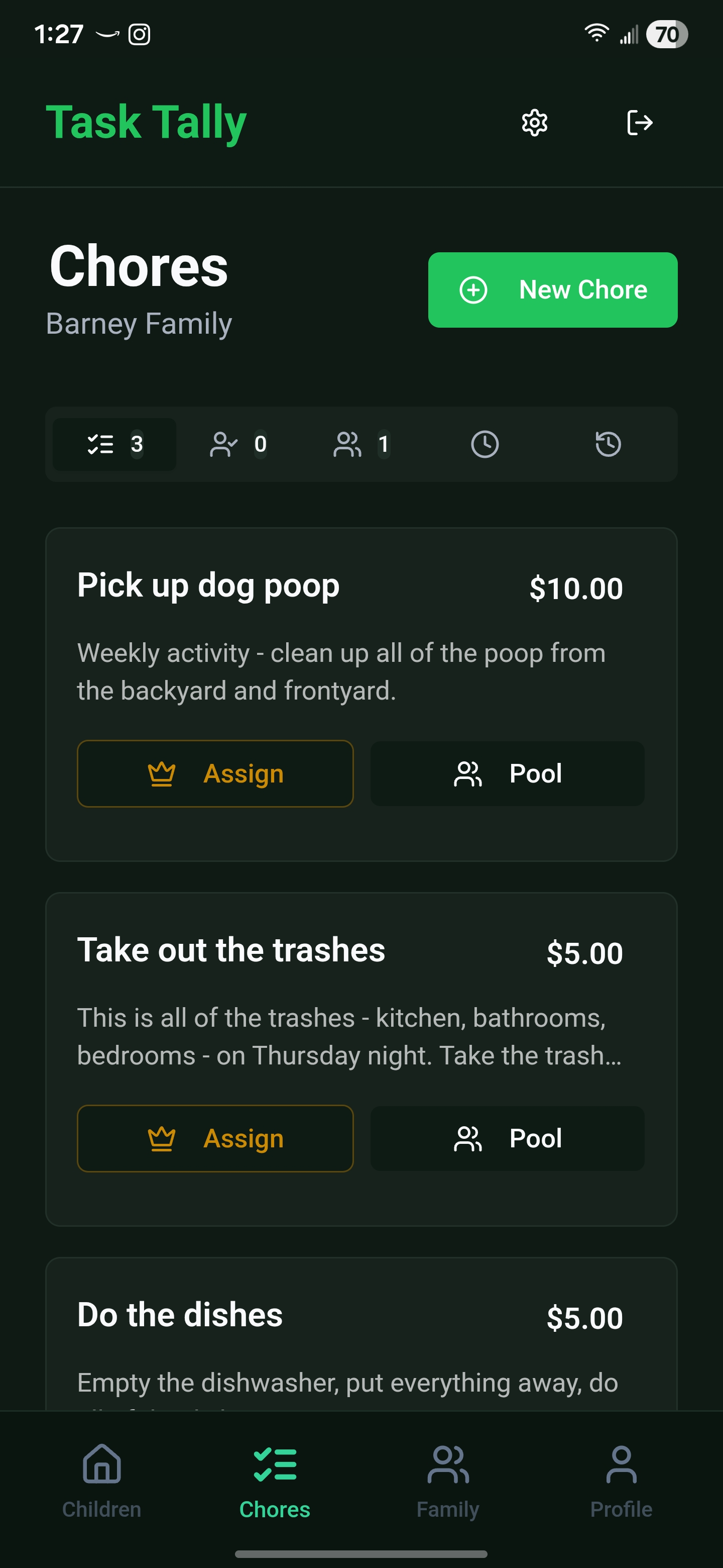 Parent chores list with Assign and Pool buttons